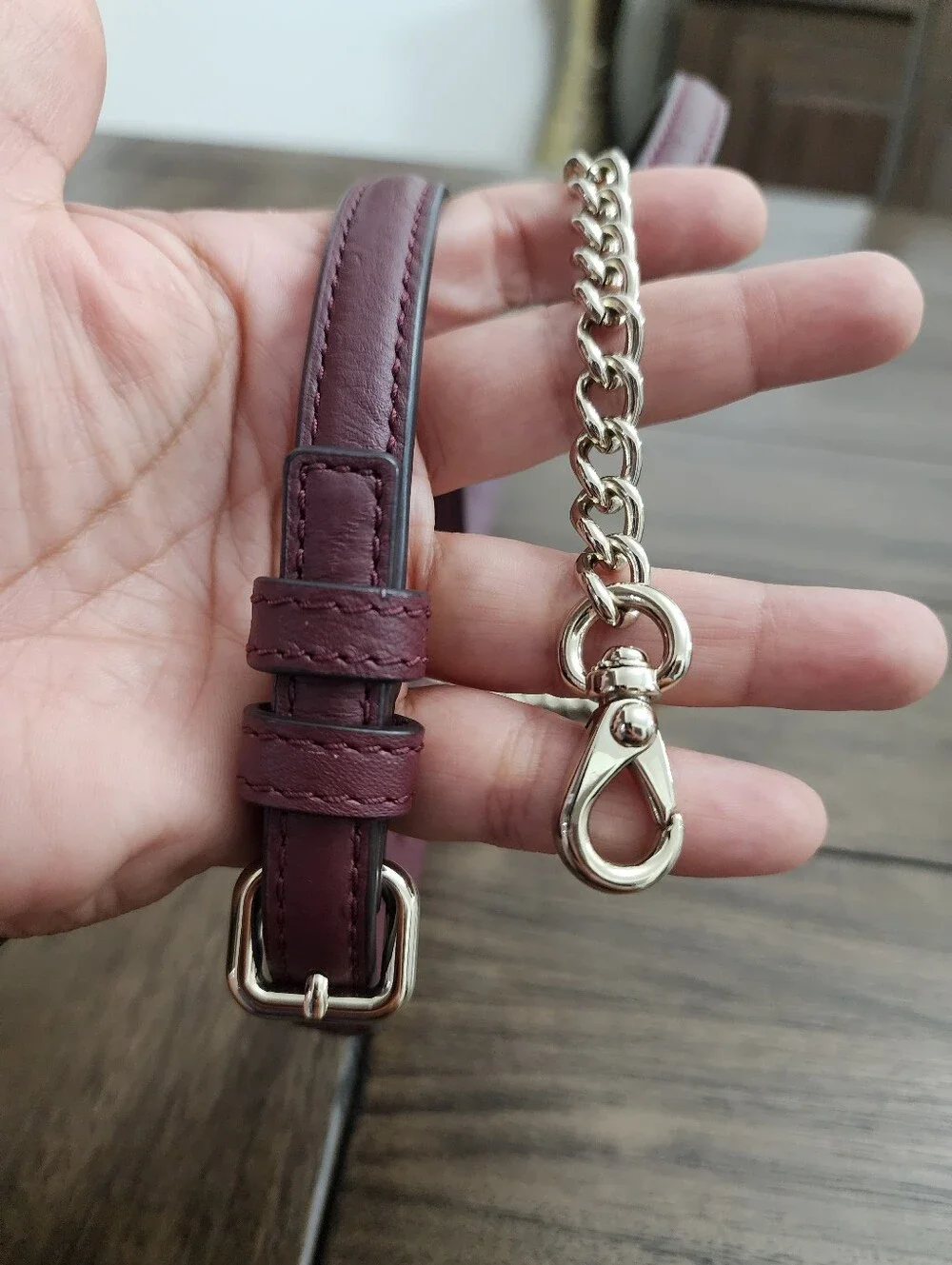 Burgundy Leather Crossbody Strap with Gold Chain 44in Longest